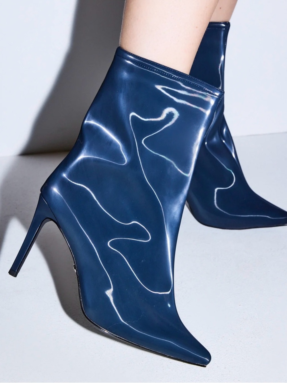 Modern Navy Patent Pointed Stiletto Ankle Boots